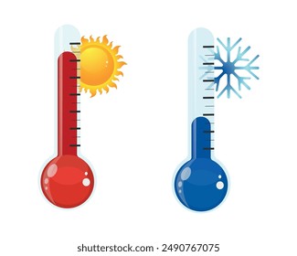 Hot and Cold Thermometers Vector Illustration. Temperature Contrast: Hot and Cold Thermometers.