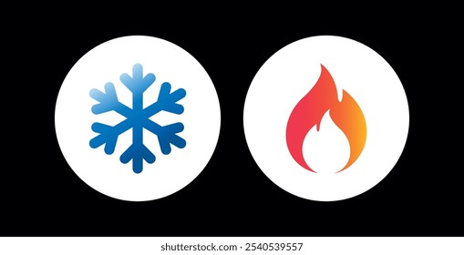 Ícone plano de vetor quente e frio definido isolado no plano de fundo preto. Floco de neve e fogo, símbolos de gradiente de chama em botões de círculo geométrico para web e app.
