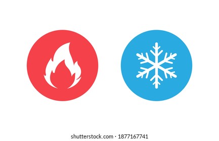 Hot and cold vector icon set isolated on white background. Fire and snowflake symbols in round buttons. Vector EPS 10