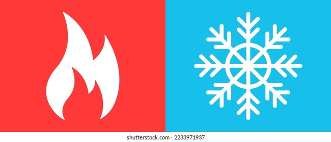 Hot and cold vector icons. Fire on red background and snowflake on blue background. Symbol heat or cool. 