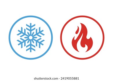 Iconos vectoriales calientes y fríos. Señal de fuego y hielo. Icono de copo de nieve y llama aislado en fondo blanco