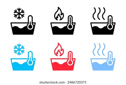 Hot and cold water icon set. Still and boiled water symbol. Bath temperature indicator. Snow, fire and steam sign. Basin with thermometer pictogram. Warm and cool bath concept isolated.