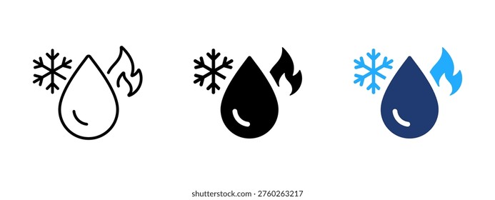 Hot and cold water temperature icon. High and low temperature water symbol. Boiling, freezing, warm and cool droplet signs. Liquid and hydration concept representing hot and cold water.