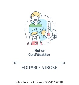 Hot or cold weather concept icon. Drink plenty of water. Prevention of moisture loss. Dehydration abstract idea thin line illustration. Vector isolated outline color drawing. Editable stroke