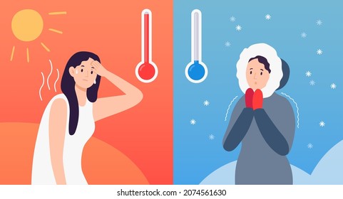 Hot and cold weather concept with thermometers and cartoon character in seasonal clothing. Woman sweating in summer and freezing in winter. Outdoor temperature with scorching sun and snow vector