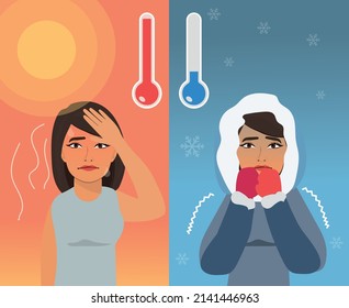 Hot and cold weather concept with thermometers and cartoon character in seasonal clothing. Woman sweating in summer and freezing in winter. Outdoor temperature with scorching sun and snow vector.