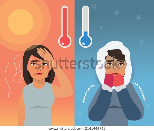 Hot and cold weather concept with thermometers\
and cartoon character in seasonal clothing. Woman sweating in\
summer and freezing in winter. Outdoor temperature with scorching\
sun and snow vector.
