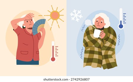 Hot and Cold Weather Contrast, Elderly Person Feeling Heat and Freezing at Home, Temperature Contrast Concept. Vector cartoon flat style illustration