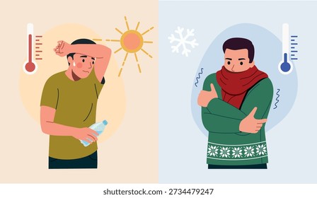 Warmes und kaltes Wetter Kontrast, Mann fühlt Wärme und Gefriertemperatur, Klima und Temperatur Differenz Konzept. Vektorcartoon, flache Stilgrafik