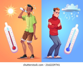 Warmes und kaltes Wetter. Kontrast zu Wettertypen, Hitze und Frost, der Mensch trinkt Wasser unter der schleichenden Sonne, Typ zittert vor Kälte, extreme Hoch- und Tieftemperatur, Sommer und Winter Vektorbanner