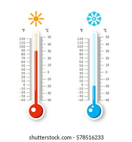 Iconos climáticos calientes y fríos. Termómetros vectoriales aislados en fondo blanco.