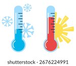 Hot and cold weather indicator, vector illustrations. Extreme Heat, high temperature on measuring sсale. Meteorological measurements weather in summer and winter thermometr