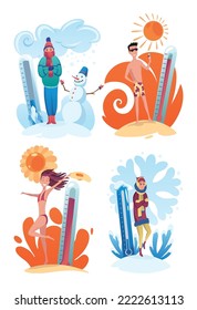 Warmes kaltes Wetter. Meteorologie Thermometer Illustration. Cartoon-Figuren in der Sommer- und Wintersaison