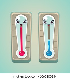 Hot and cold winter and summer thermometers character icon mascot. Temperature measurement indicator forecast concept. Vector flat isolated cartoon illustration