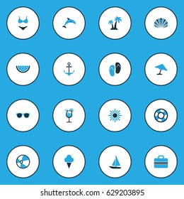 Hot Colorful Icons Set. Collection Of Watermelon, Dolphin, Fresh Juice And Other Elements. Also Includes Symbols Such As Spectacles, Luggage, Anchor.