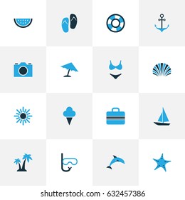 Hot Colorful Icons Set. Collection Of Camera, Flip Flop, Starfish And Other Elements. Also Includes Symbols Such As Mammal, Umbrella, Dock.