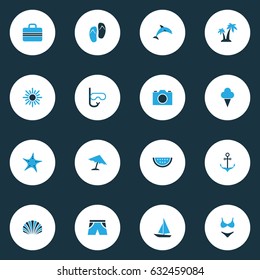 Hot Colorful Icons Set. Collection Of Suitcase, Swimming Mask, Palms And Other Elements. Also Includes Symbols Such As Anchor, Beach, Swimming.