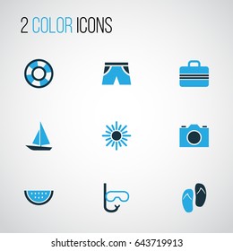 Hot Colorful Icons Set. Collection Of Flip Flop, Boat, Shorts And Other Elements. Also Includes Symbols Such As Dinghy, Citrus, Shorts.