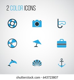 Hot Colorful Icons Set. Collection Of Ball, Suitcase, Lifebuoy And Other Elements. Also Includes Symbols Such As Conch, Tube, Luggage.