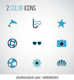 Hot Colorful Icons Set. Collection Of Dolphin, Starfish, Sun And Other Elements. Also Includes Symbols Such As Spectacles, Lifebuoy, Lifesaver.