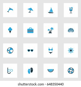 Hot Colorful Icons Set. Collection Of Swimming Mask, Watermelon, Sunglasses And Other Elements. Also Includes Symbols Such As Ship, Fresh, Ball.