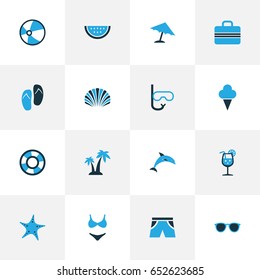 Hot Colorful Icons Set. Collection Of Sunglasses, Suitcase, Ice Cream And Other Elements. Also Includes Symbols Such As Lifebuoy, Mask, Flip.