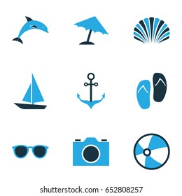 Hot Colorful Icons Set. Collection Of Boat, Camera, Sunglasses And Other Elements. Also Includes Symbols Such As Video, Sunglasses, Conch.