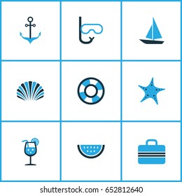 Hot Colorful Icons Set. Collection Of Suitcase, Boat, Starfish And Other Elements. Also Includes Symbols Such As Ship, Juice, Fish.