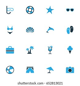 Hot Colorful Icons Set. Collection Of Shorts, Camera, Lifebuoy And Other Elements. Also Includes Symbols Such As Video, Swimming, Luggage.