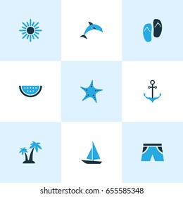 Hot Colorful Icons Set. Collection Of Dolphin, Sailing, Sun And Other Elements. Also Includes Symbols Such As Sea, Citrus, Sandals.