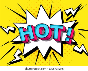 ¡Caliente! Explosiones de ilustración de dibujos animados de Vector cómico. ¡Comics Boom! Símbolo, etiqueta engomada, etiqueta especial de la oferta, insignia publicitaria. Firma Anuncio. Explosión de burbuja de discurso de cómics. Nubes para explosiones. Emociones