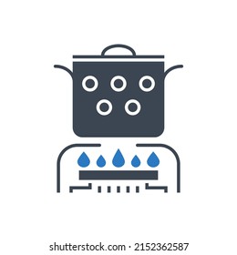 Hot Cooking Food Related Vector Glyph Icon. The Pan Is On The Gas Burner. Hot Cooking Food Sign. Isolated On White Background. Editable Vector Illustration