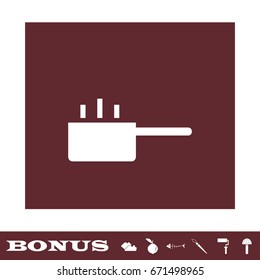 Hot cooking pot icon flat. White pictogram on brown background. Vector illustration symbol and bonus icons