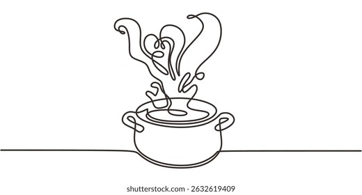Hot cooking pot steam continuous line. Kitchen food boiling process. Culinary heat preparation.