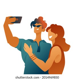 A hot couple, a man in sunglasses and a woman take a selfie on vacation. The characters take a photo on their phone, an illustration on a white background.