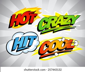 Hot, crazy, hit, cool pop-art symbols set.