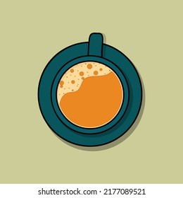 Hot creamy coffee in dark turquoise cup on beige background top view. Cozy breakfast atmosphere cafe menu concept