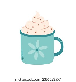 Hot creamy drink with chocolate drops. Autumn or winter drink. Hot coffee mug, hot chocolate. Vector illustration in flat style