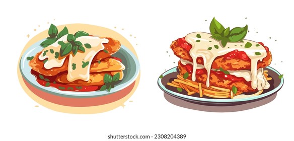 Hot and crispy chicken parmesan in savory red tomato sauce vector food vector art svg