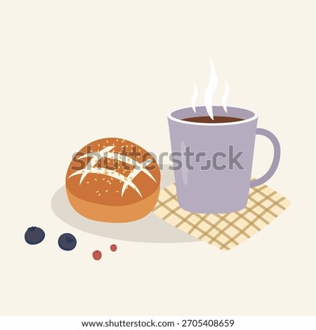 A Hot Cross Bun and Berries with Steaming Hot Coffee Mug on a Checkered Napkin