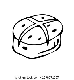 Hot cross Bun with Chocolate Chip for Easter. Simple cartoon line art. Isolated vector illustration.
