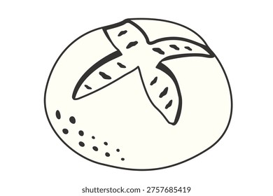 Hand‑drawn hot cross bun isolated on white background. Ideal for bakery themes, Easter pastries, sweet buns and culinary illustration projects.