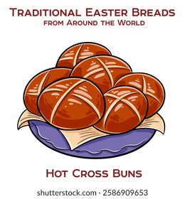 Hot cross buns are spiced sweet buns made with currants or raisins, marked with a cross on the top, and traditionally eaten on Good Friday.