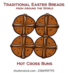 Hot cross buns are spiced sweet buns made with currants or raisins, marked with a cross on the top, and traditionally eaten on Good Friday.