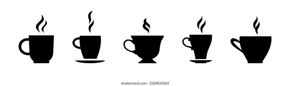 Hot cup with beverage vector silhouette icon set