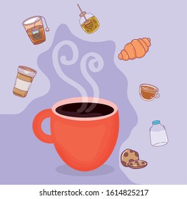 hot cup bread cookies milk honey fresh beverage coffee time vector illustration