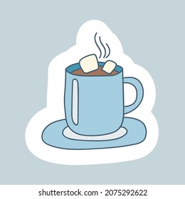Hot cup of Chocolate with Marshmallows. Winter Hygge. Vector illustration in Scandinavian, Nordic style. Hand drawn and Sticker design.