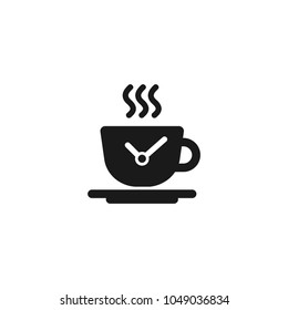 Hot cup with clock. Coffee time. Mug with tea or coffee icon flat. black pictogram isolated on white background. Vector illustration.  Morning cappuccino. Coffee break