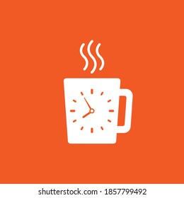 Hot cup with clock. Coffee time. Mug with tea or coffee icon flat. orange icon isolated on white background. Vector illustration.  Morning cappuccino. Coffee break