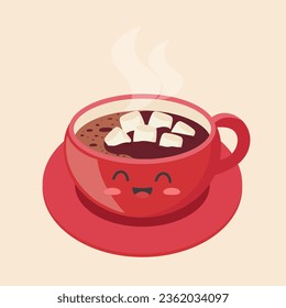 Hot cup of cocoa with marshmallows in Kawaii style. Cocoa and marshmallows. Vector illustration in flat style. Isolated on a light pink background.